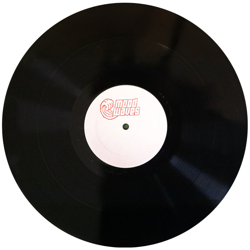 Black vinyl record with a white label on a white background