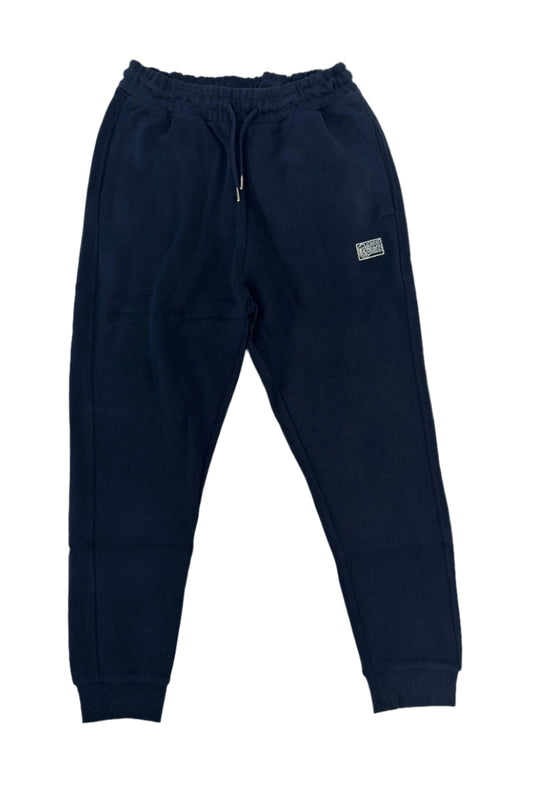 Navy blue pants with an off-white embroidered logo on the lower left thigh.