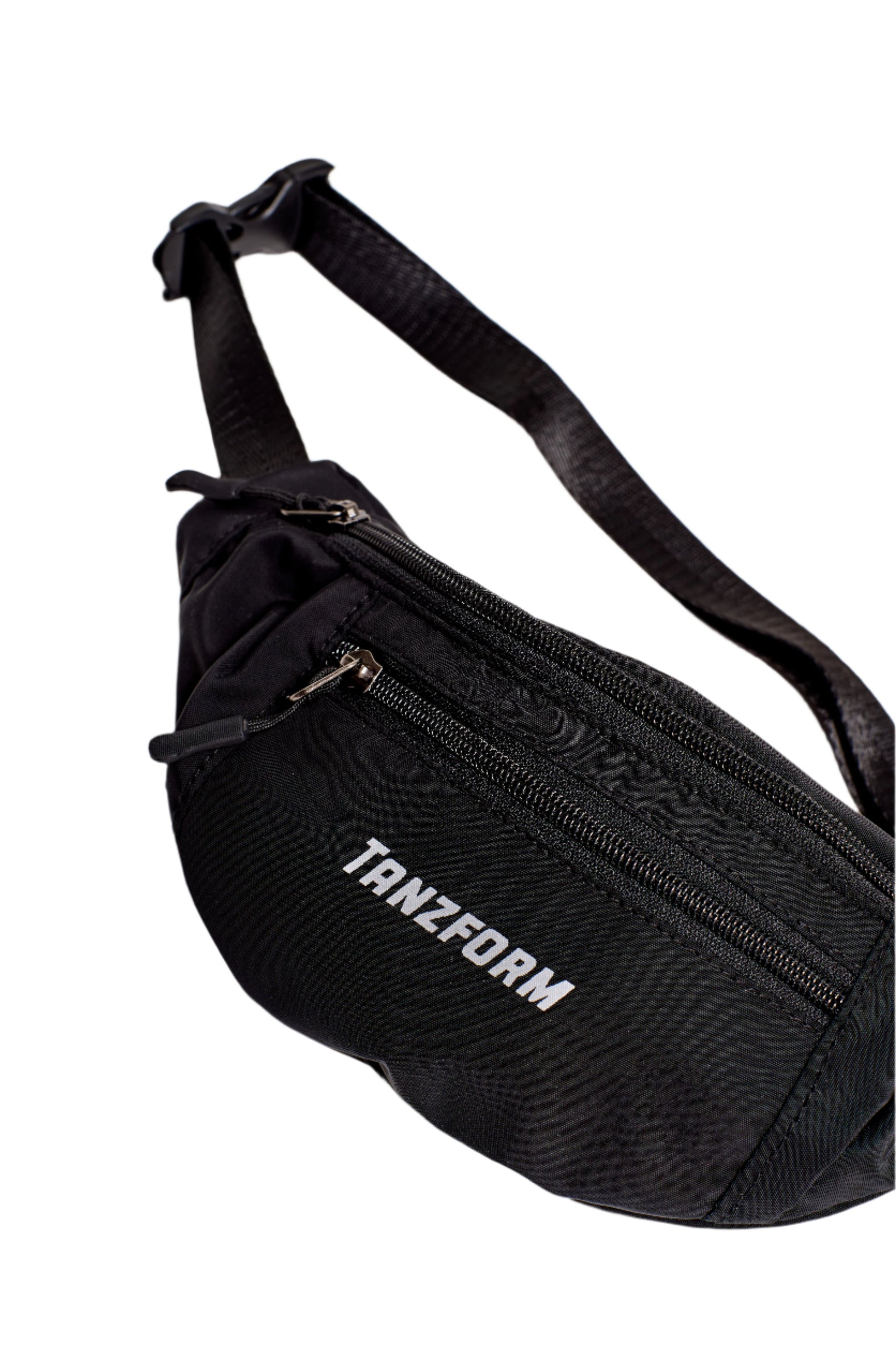 A black cotton bum bag with an adjustable strap and multiple pockets, featuring the text 'TANZFORM' on the side.
