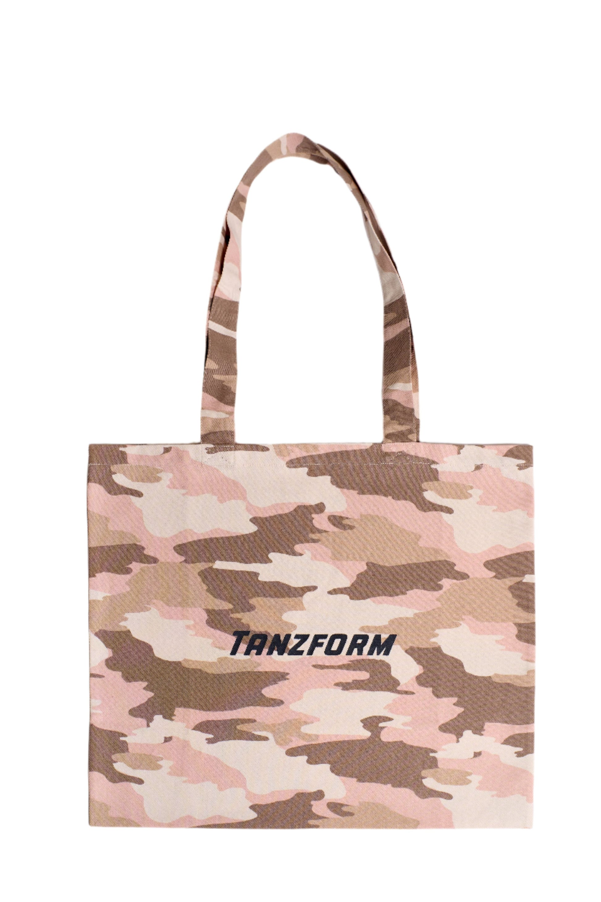 A pink camouflage tote bag with the brand name 'TANZFORM' printed on the front.