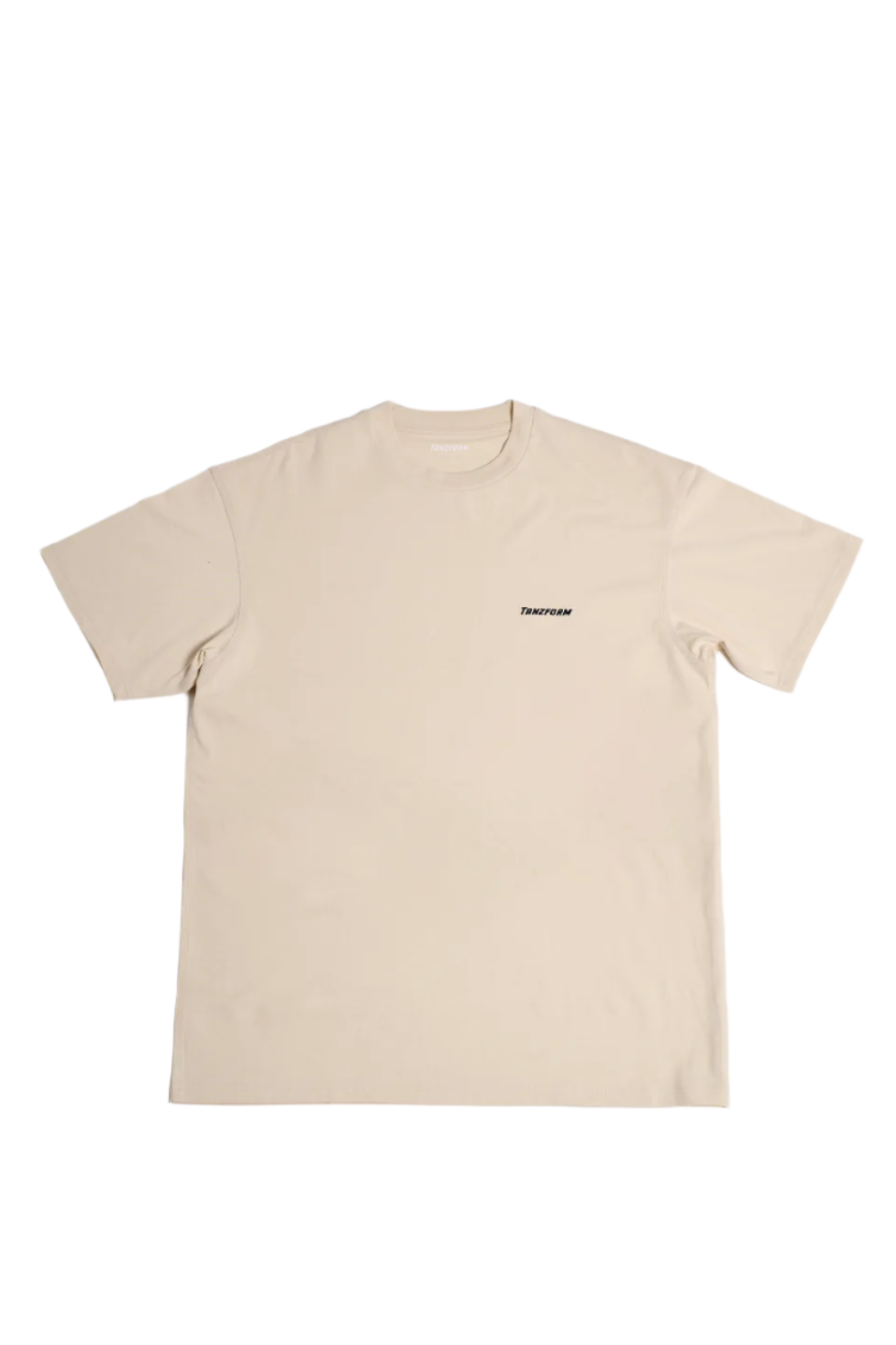 A cream white crew neck T-shirt with the Tanzform logo embroidered on the chest.