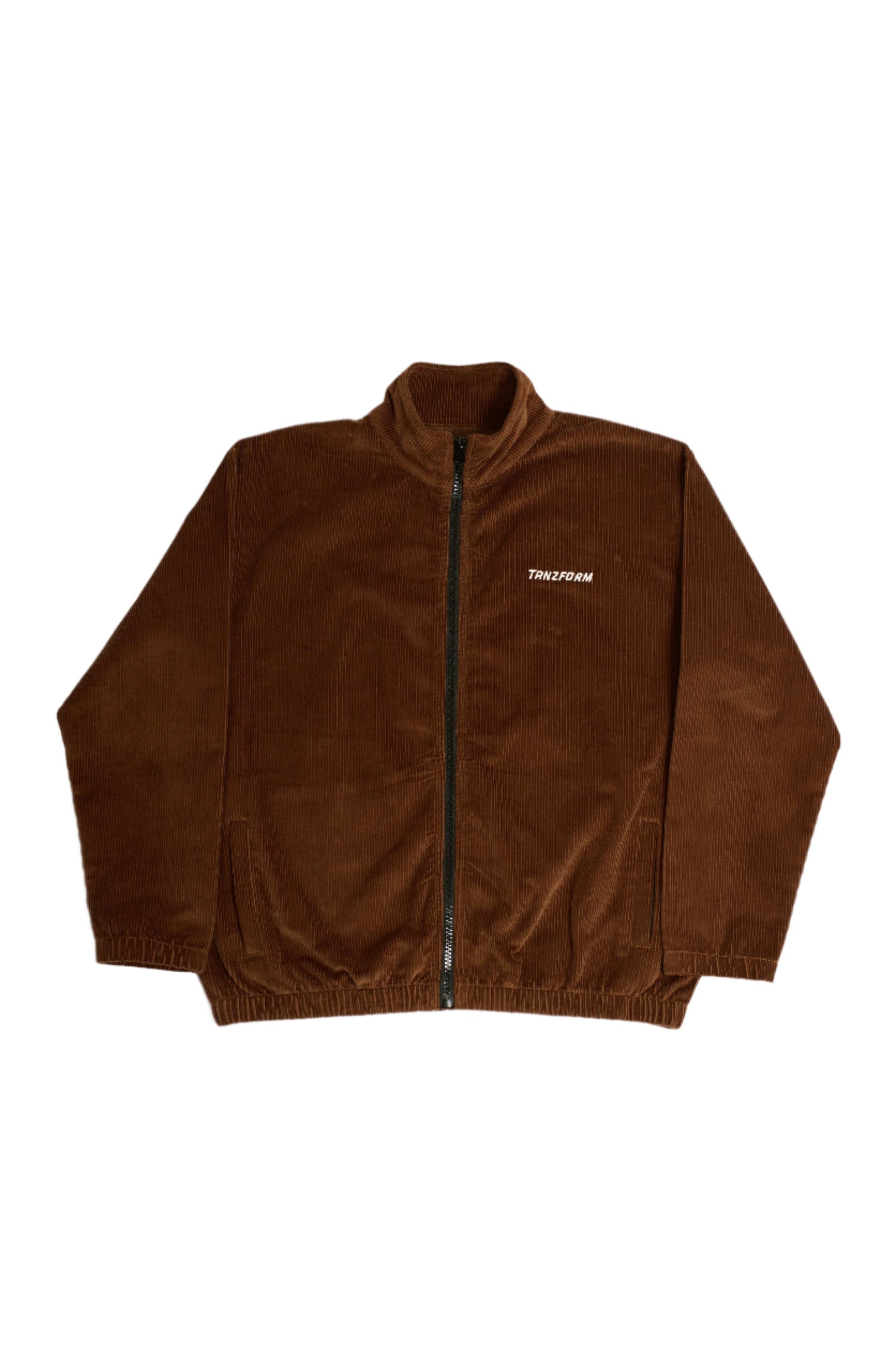 A brown corduroy jacket with a collar, zipper, and relaxed fit.