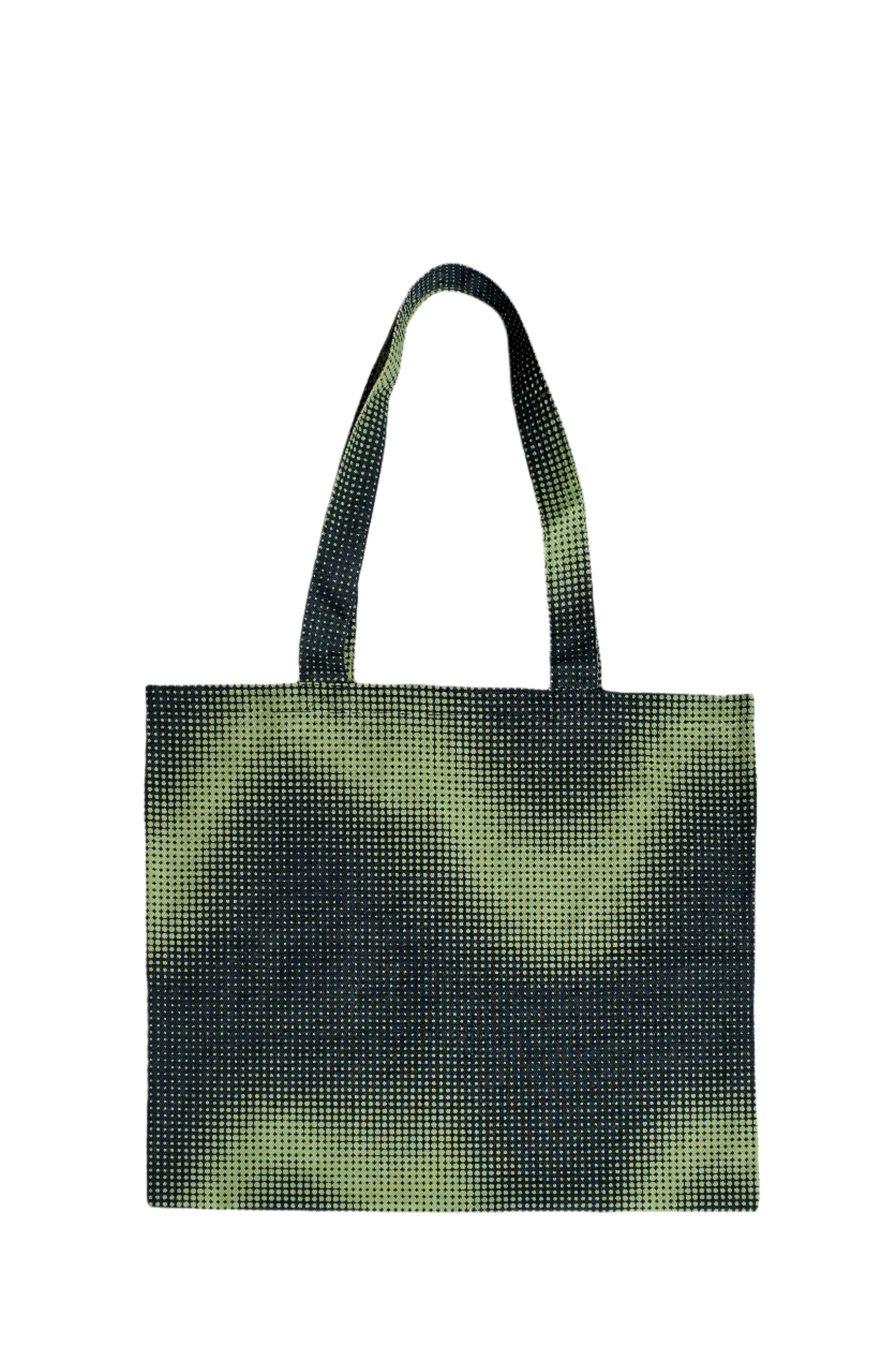 A green soundwave tote bag designed for carrying vinyl records and other items.