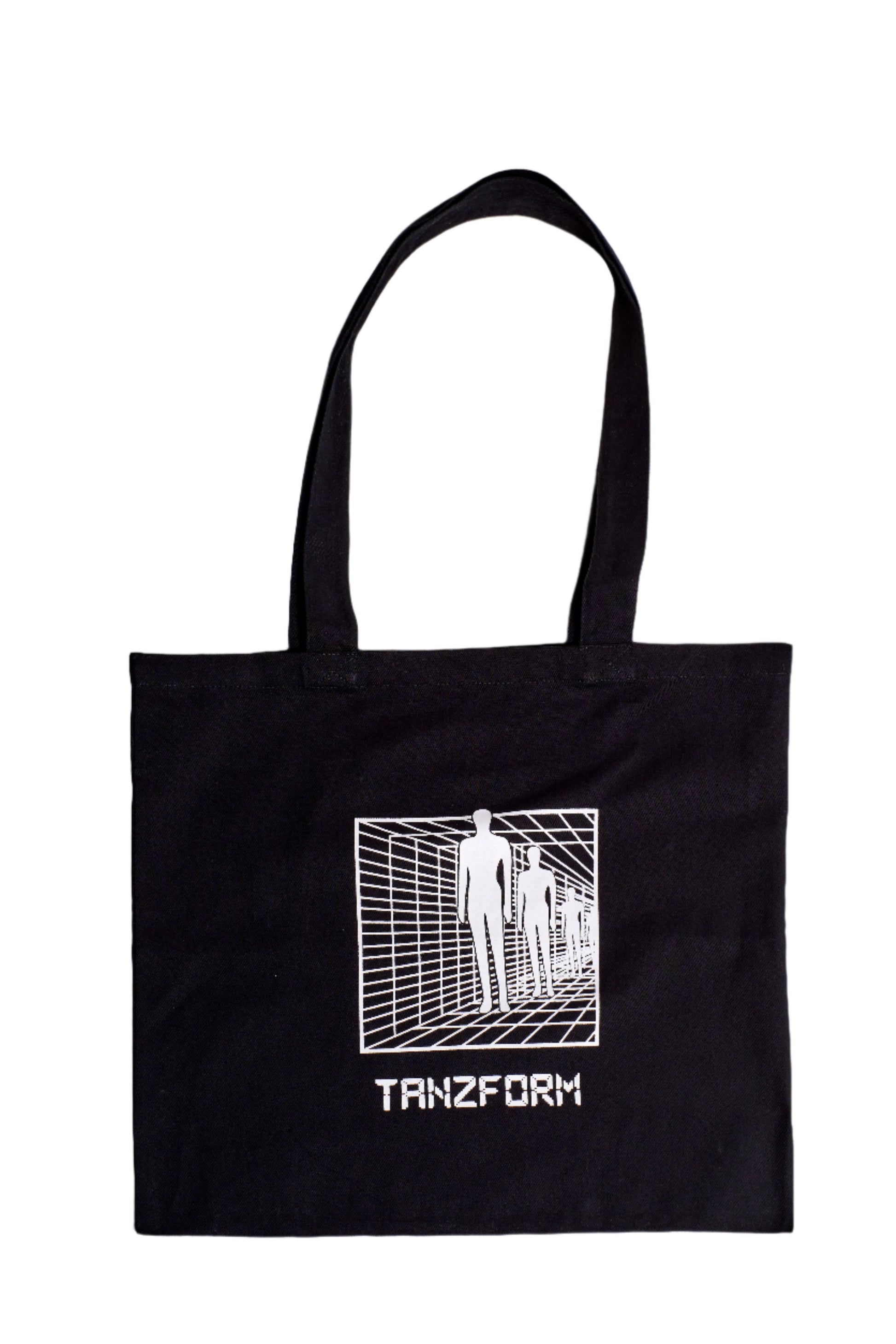 A black tote bag with a white geometric pattern design and the brand name 'TANZFORM' written in capital letters on the side.