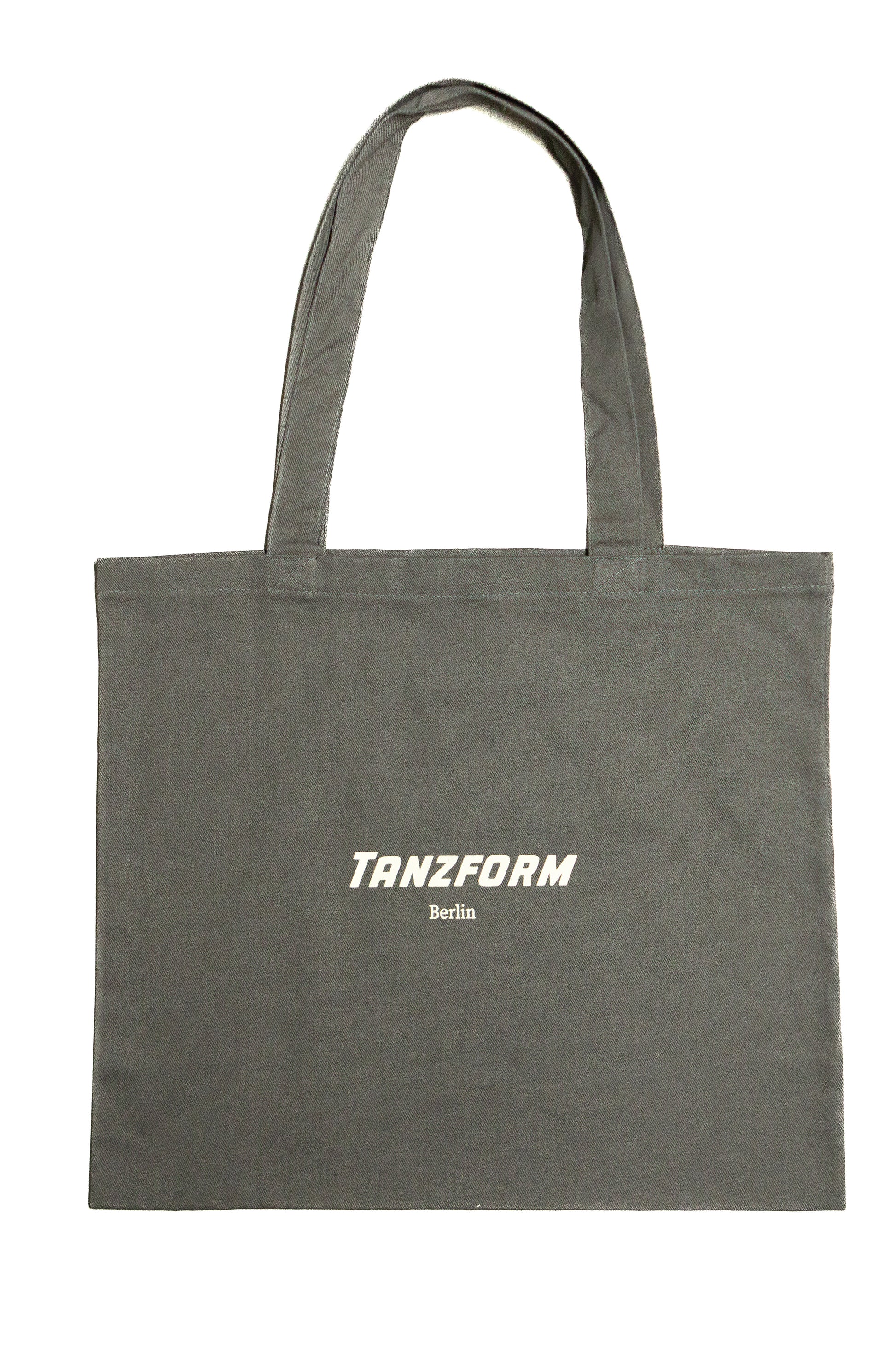 Gray tote bag with 'TANZFORM Berlin' text on a white background