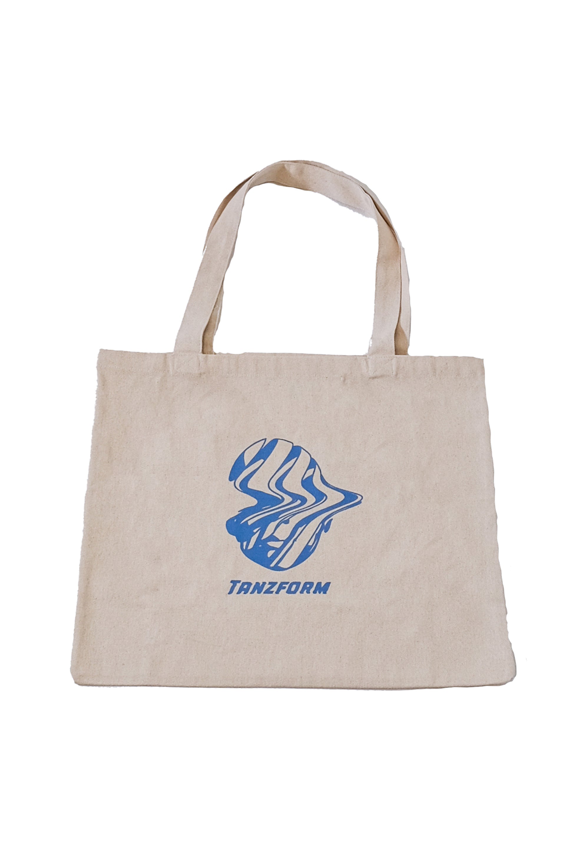 Beige tote bag with blue abstract design and 'TANZFORM' text on a white background