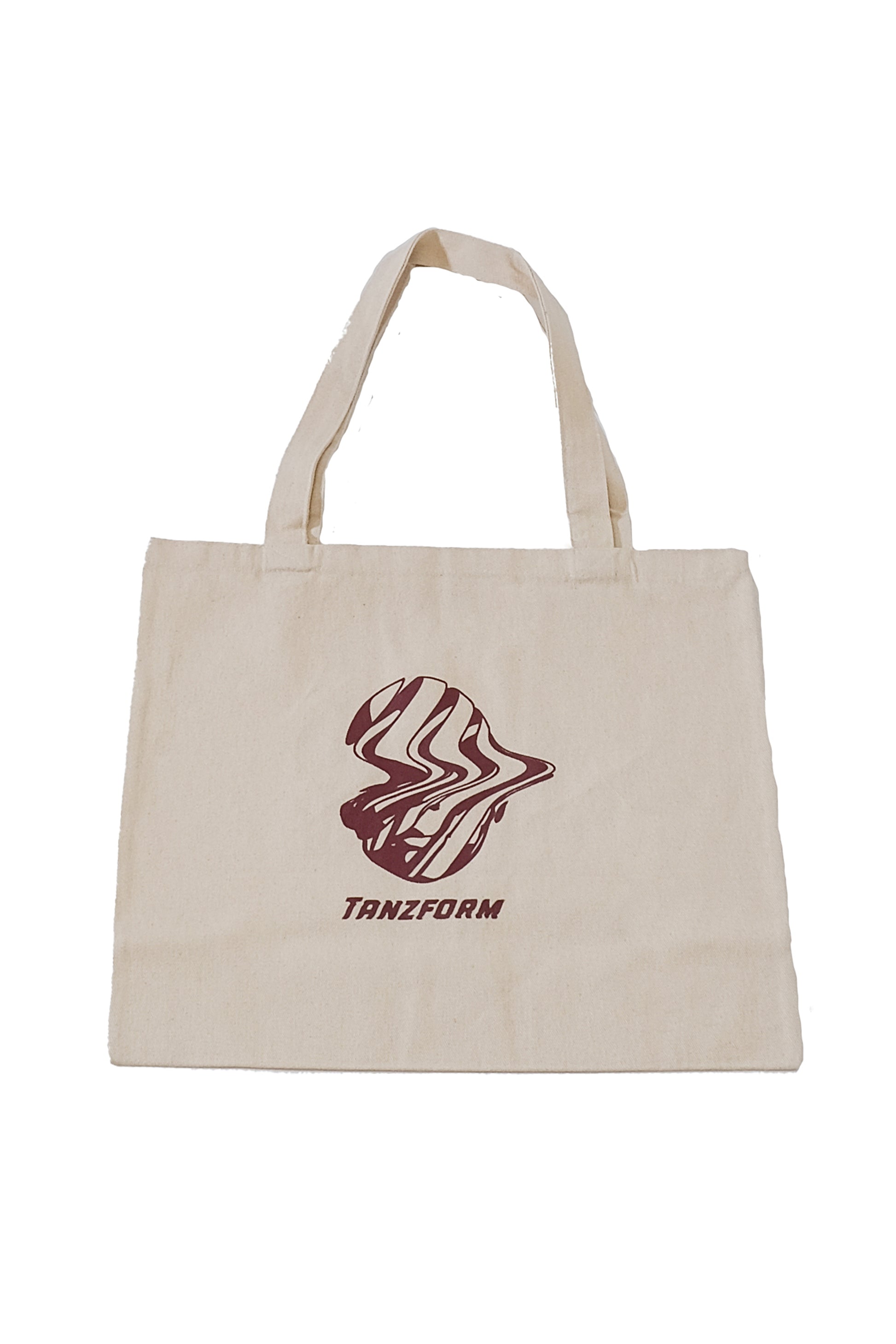 Beige tote bag with a red and white design and text on a white background