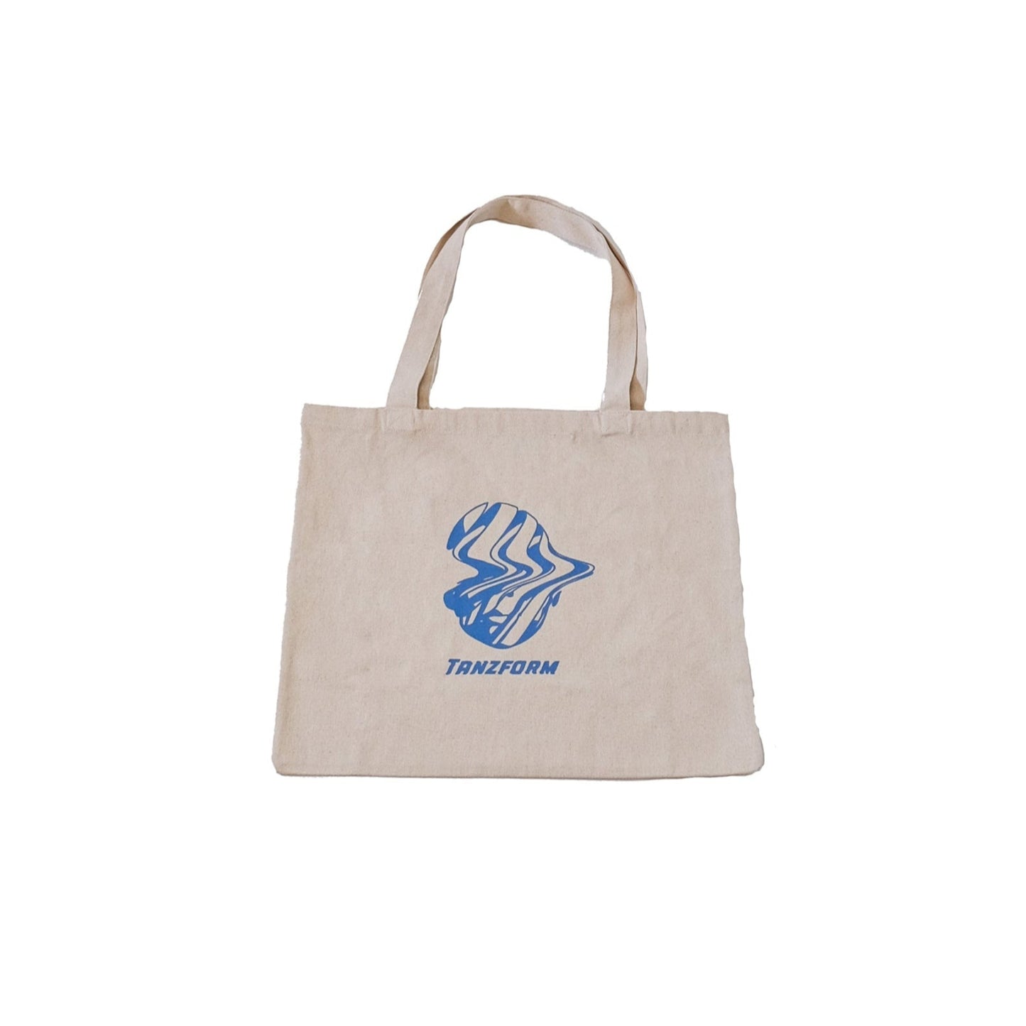 Tote bag with blue print of a trippy face