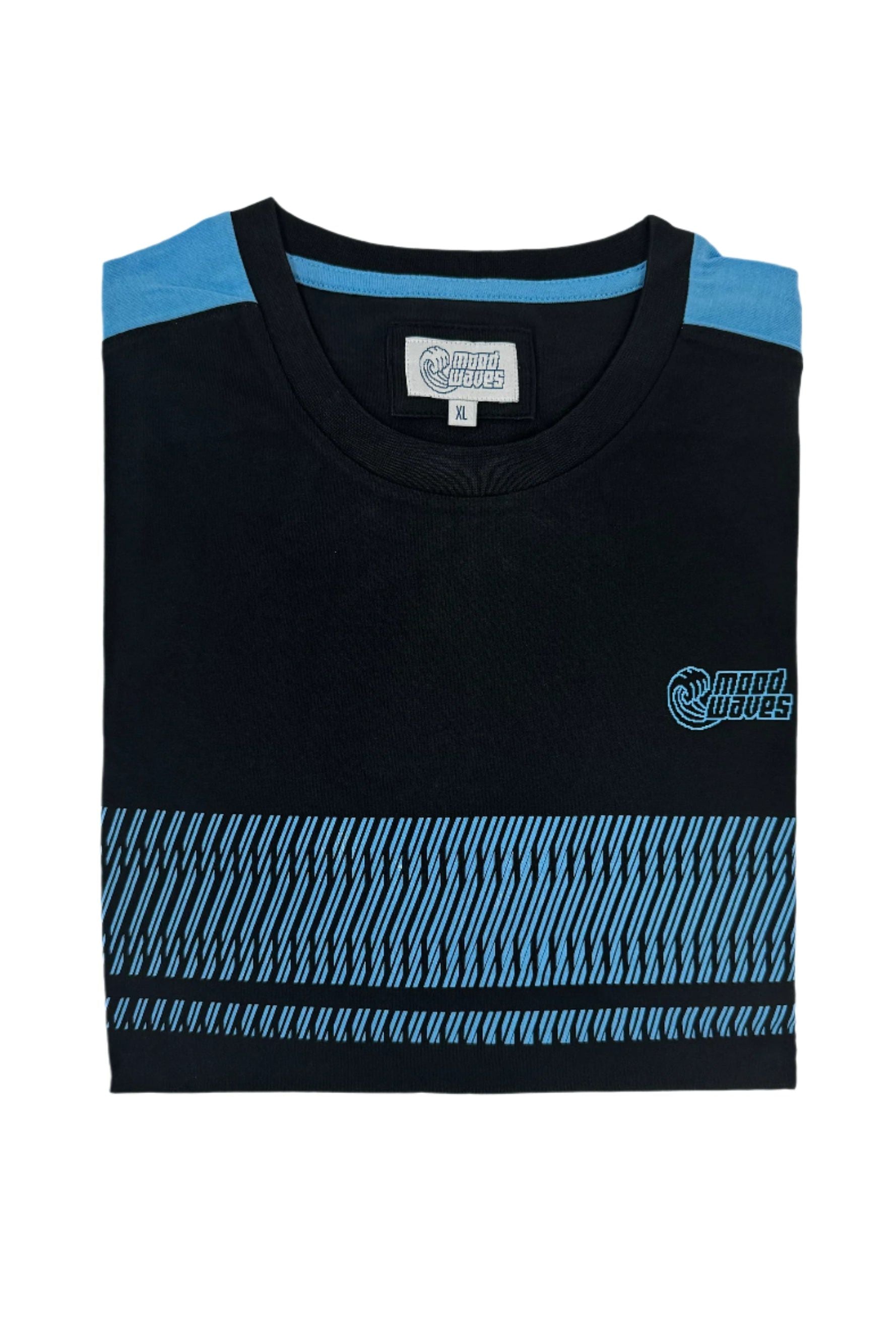 A black sporty T-shirt with a trippy light blue wave design on the front.
