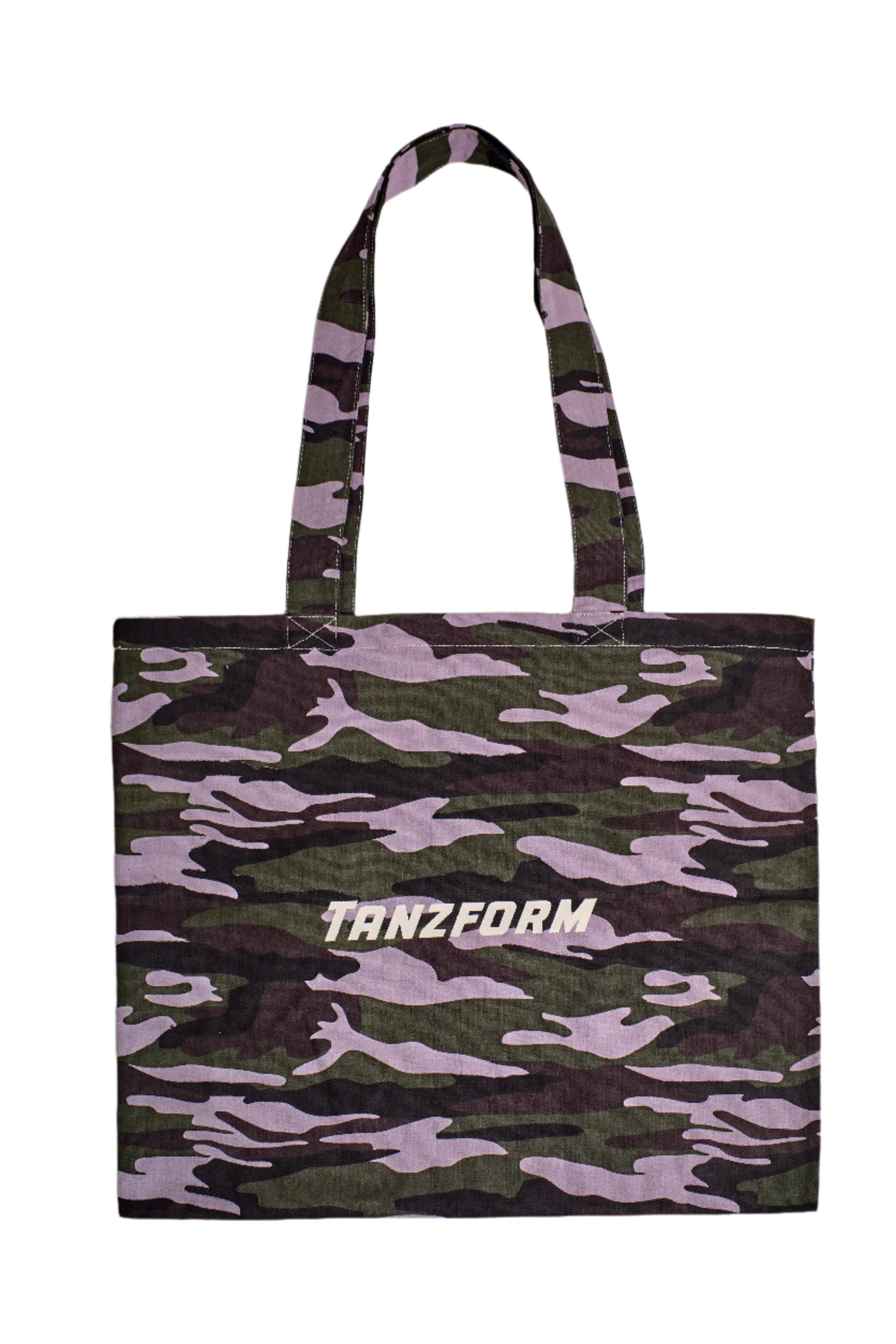 tote bag with camo print and brand logo