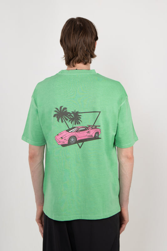 Miami Beats Pink Lambo Tshirt - Bright Green/Pink
