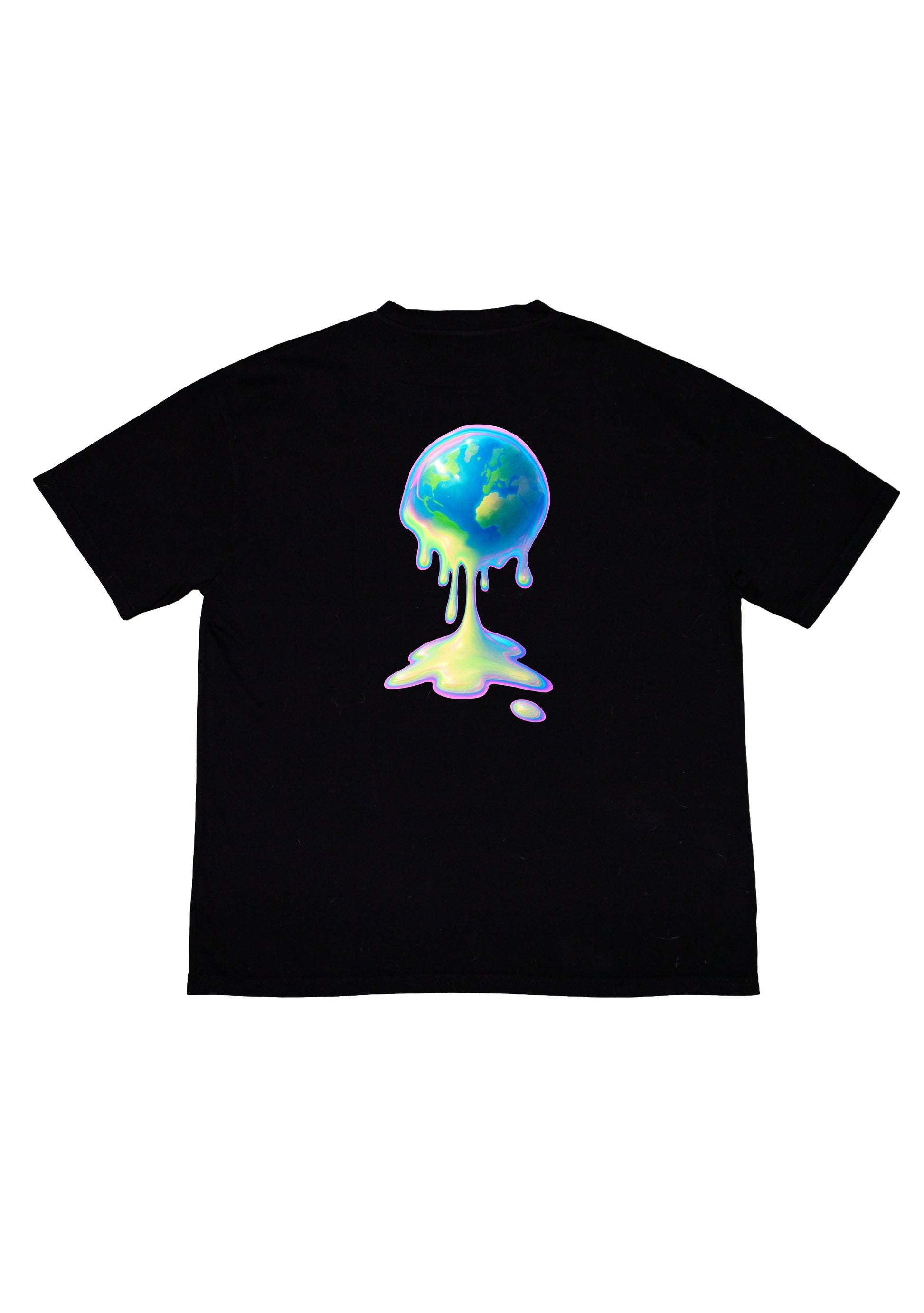 Black t-shirt with a colorful graphic of a melting Earth on a white background