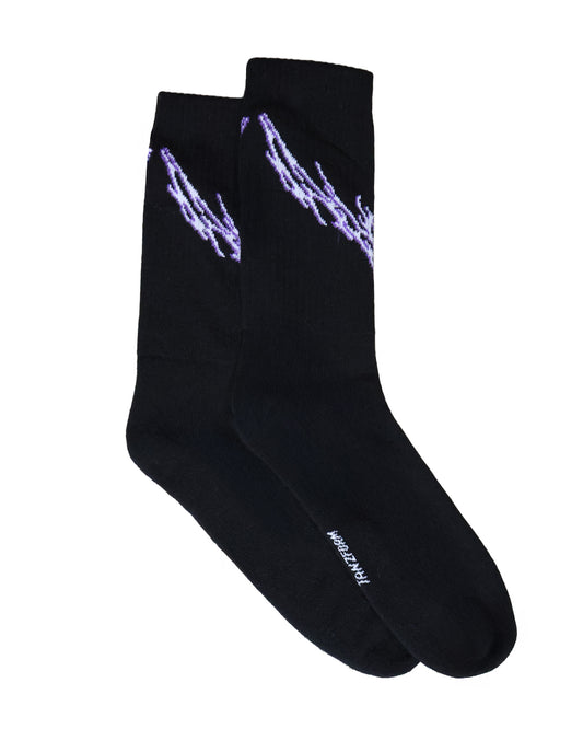 Black sneaker socks with purple tribal designs on a white background