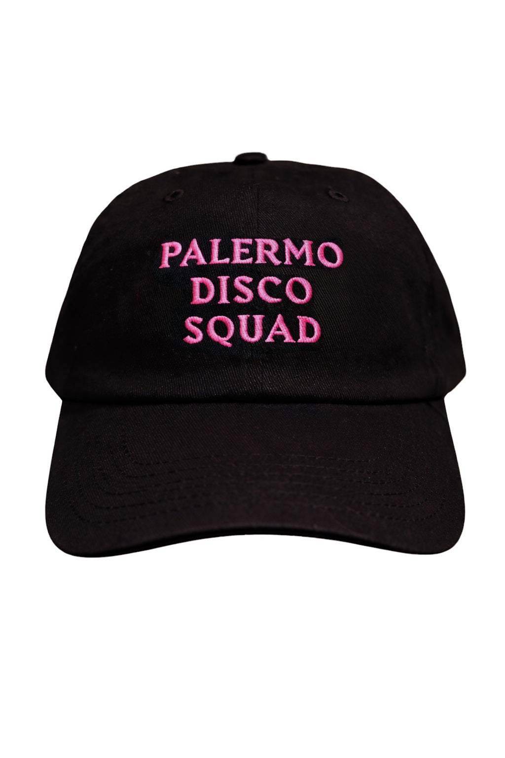 Black cap with 'Palermo Disco Squad' text in pink on a white background