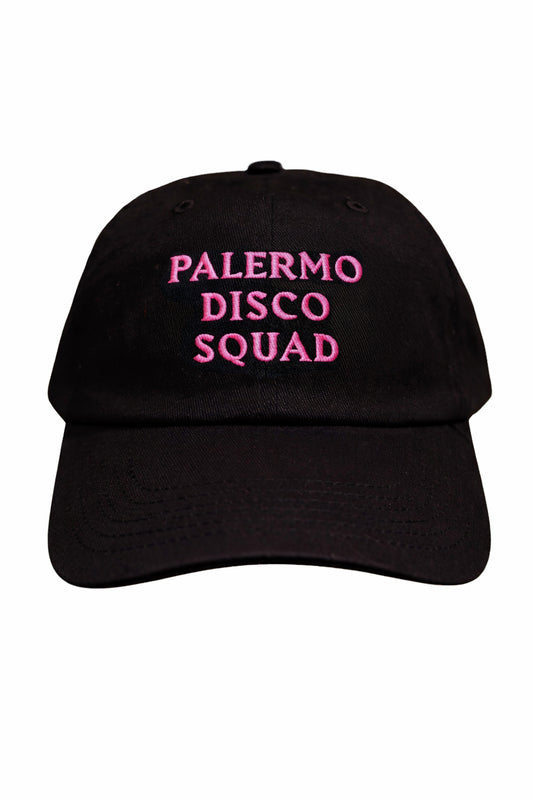 Black cap with 'Palermo Disco Squad' text in pink on a white background
