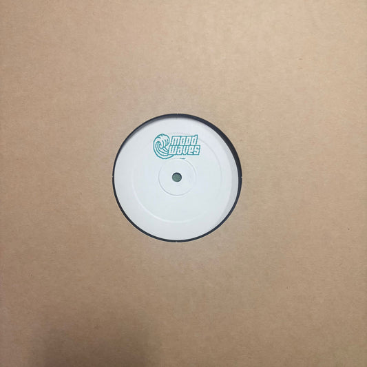 Round white label with 'Mood Waves' logo on a brown cardboard background