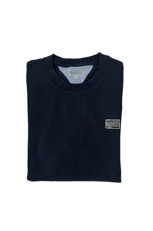 Navy blue sweater with a small off-white embroidered logo on the left chest area.