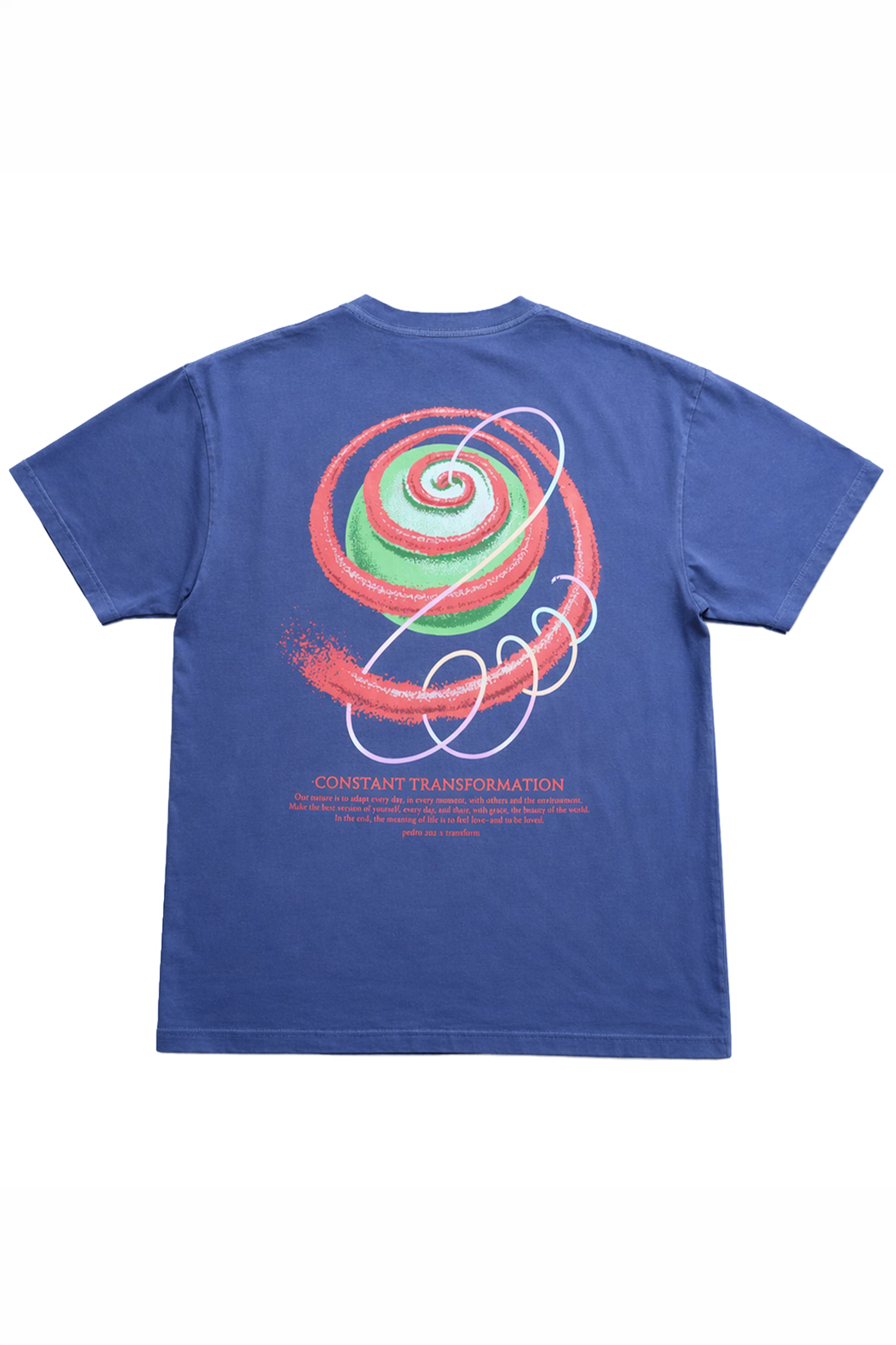 Blue club culture t-shirt with a colorful spiral design on the back against a white background