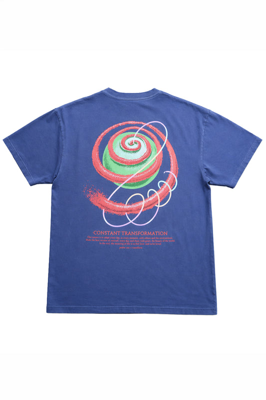 Blue club culture t-shirt with a colorful spiral design on the back against a white background