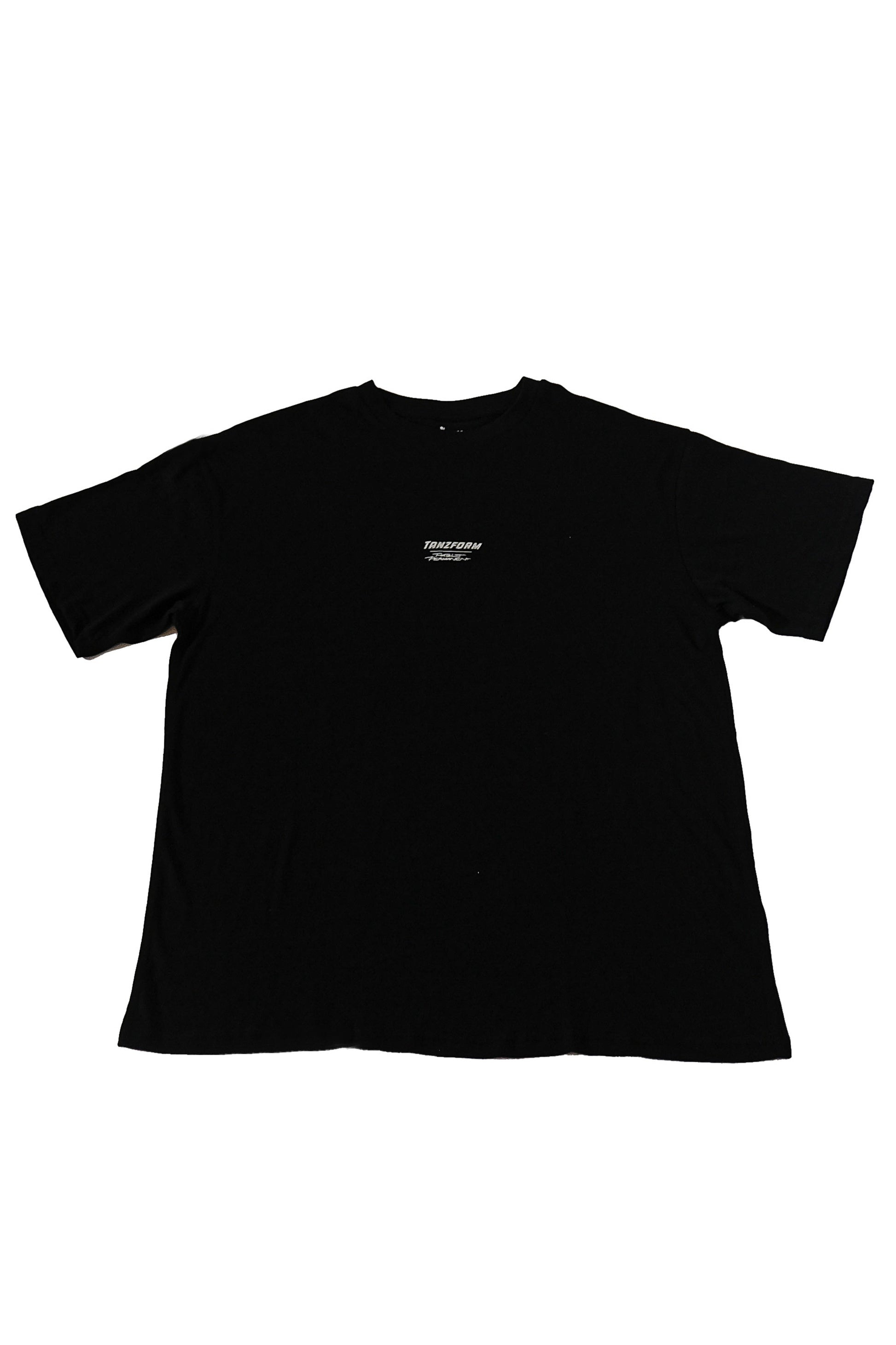Black t-shirt with a small white logo on a white background