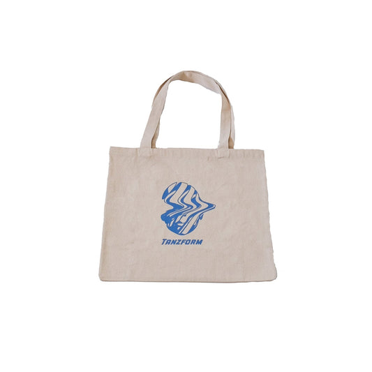 Tote bag with blue print of a trippy face