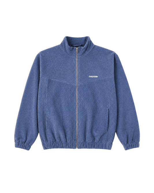 Blue zip-up sweatshirt with a Tanzform club wear brand logo on a white background