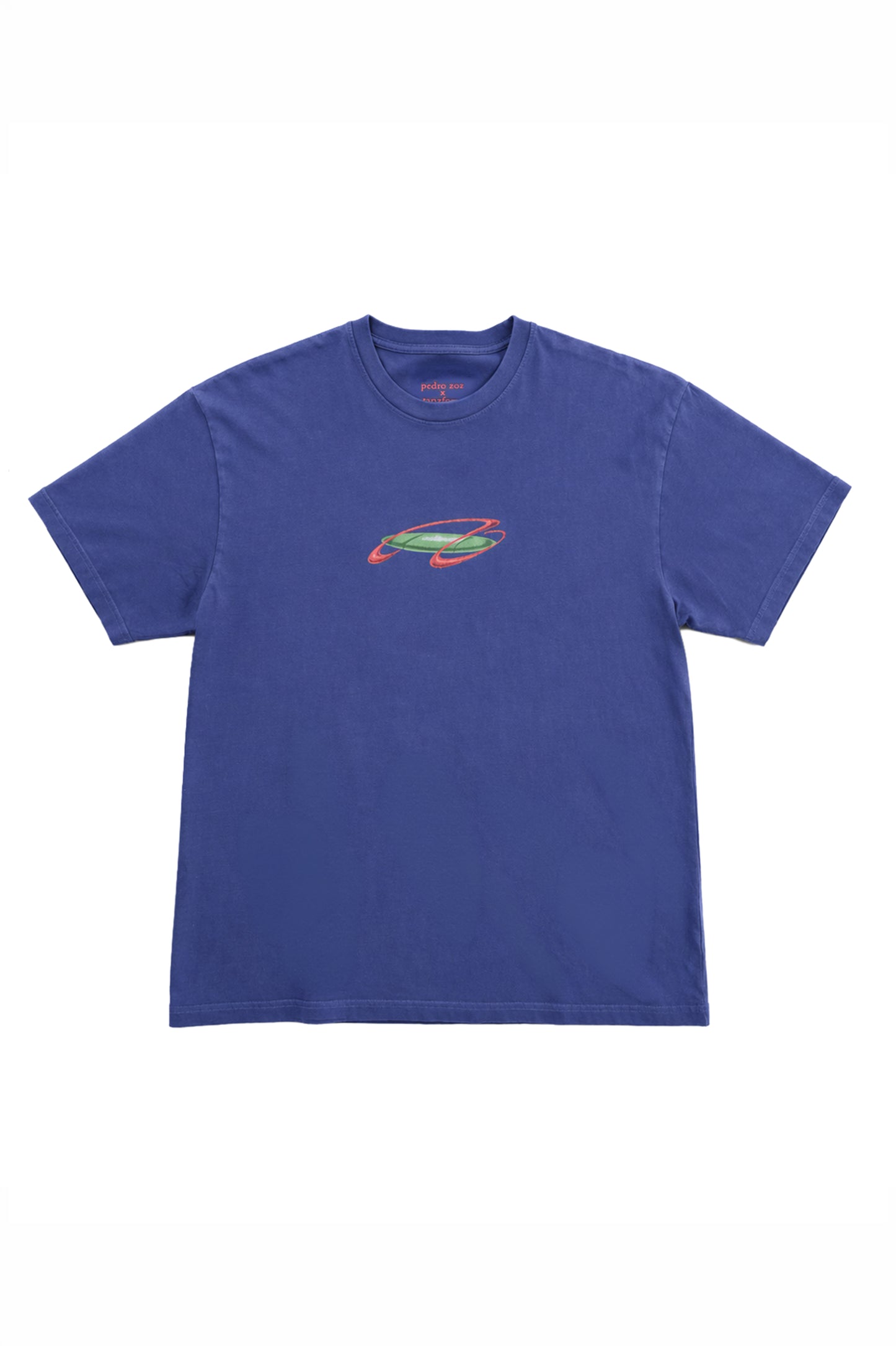 Blue t-shirt with a colorful graphic on a white background