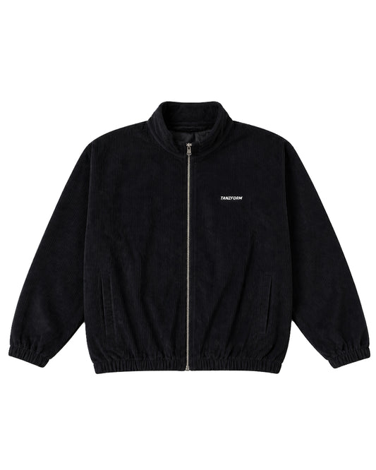 Black corduroy jacket with a brand logo on a white background